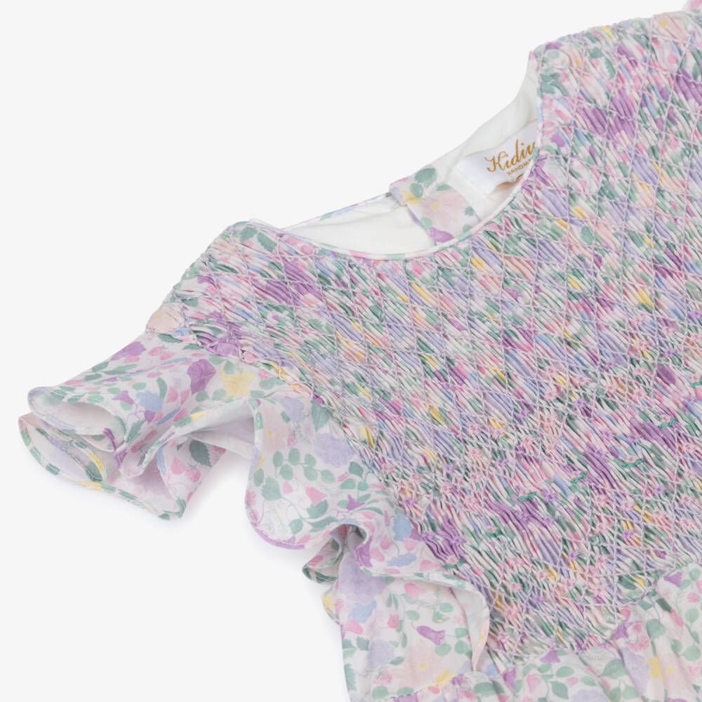 Kidiwi-Girls Lilac Cotton Floral Dress with Hand-Smocking | Childrensalon Outlet