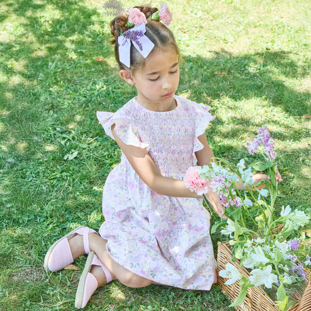 Kidiwi-Girls Lilac Cotton Floral Dress with Hand-Smocking | Childrensalon Outlet