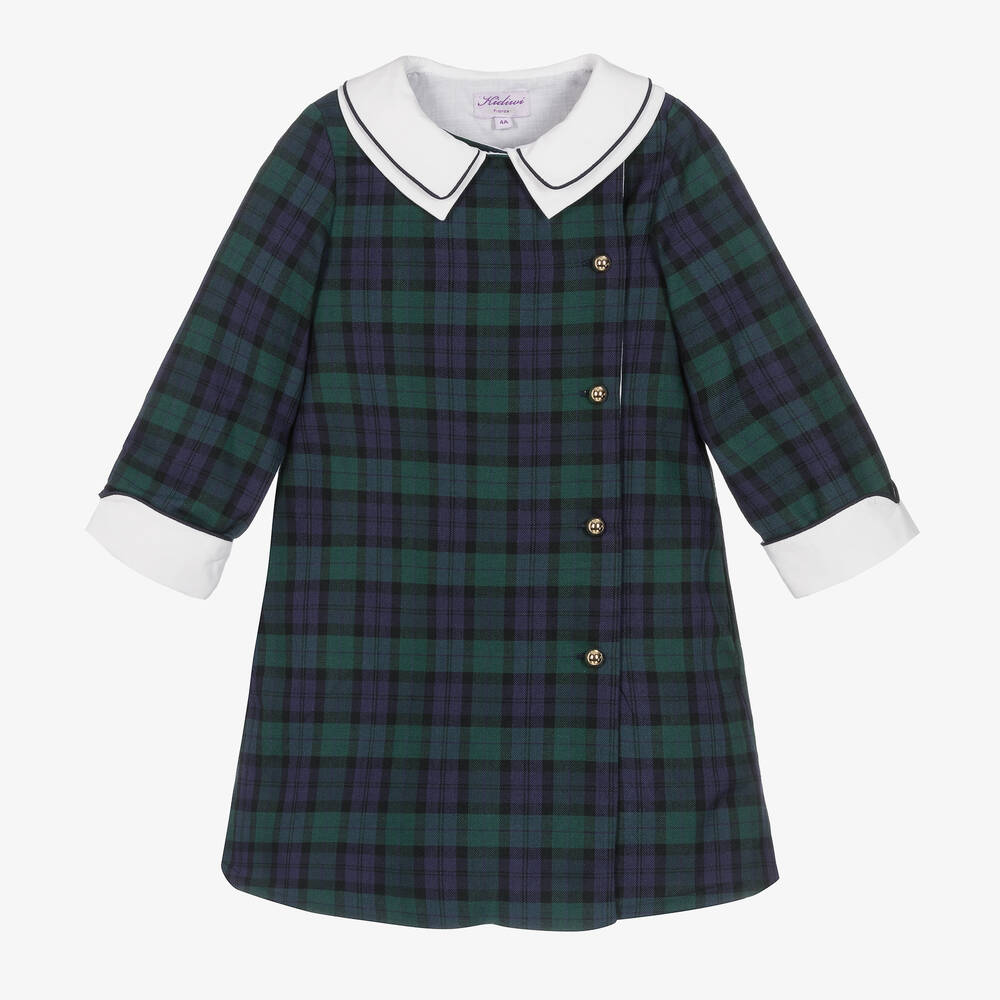 Kidiwi - Girls Navy Blue & Green Tartan Dress | Childrensalon