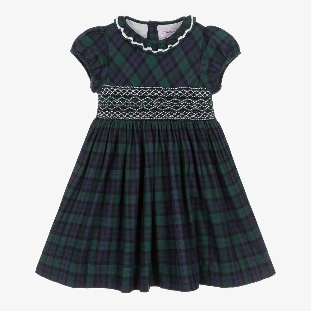 Kidiwi - Girls Navy Blue & Green Tartan Dress | Childrensalon