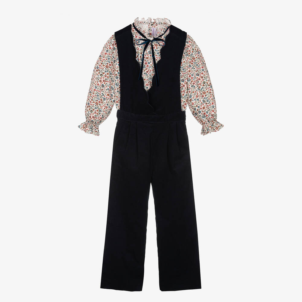 Kidiwi - Girls Navy Blue & Ivory Dungaree Set | Childrensalon