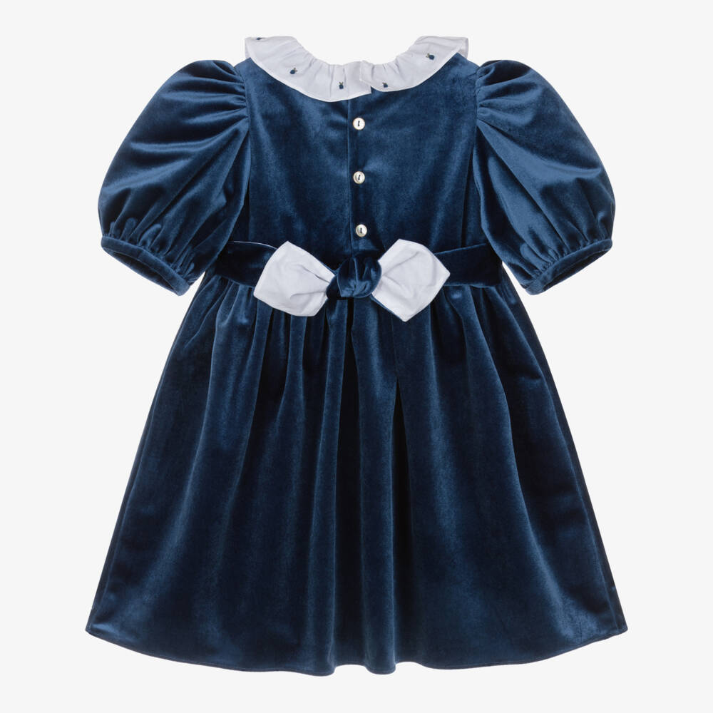 Kidiwi-Girls Navy Blue Smocked Velvet Dress | Childrensalon Outlet