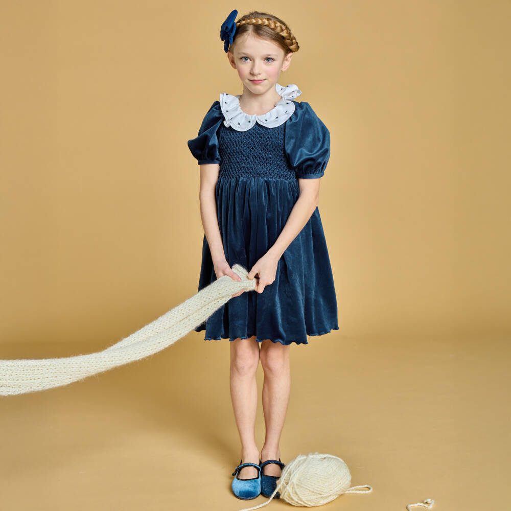 Kidiwi-Girls Navy Blue Smocked Velvet Dress | Childrensalon Outlet