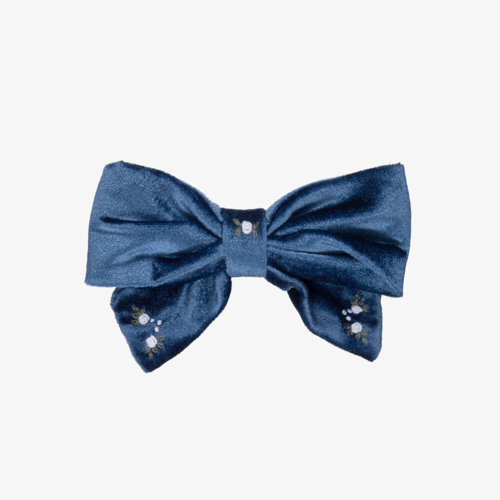 Kidiwi-Girls Navy Blue Velvet Bow Hair Clip with Floral Embroidery | Childrensalon Outlet