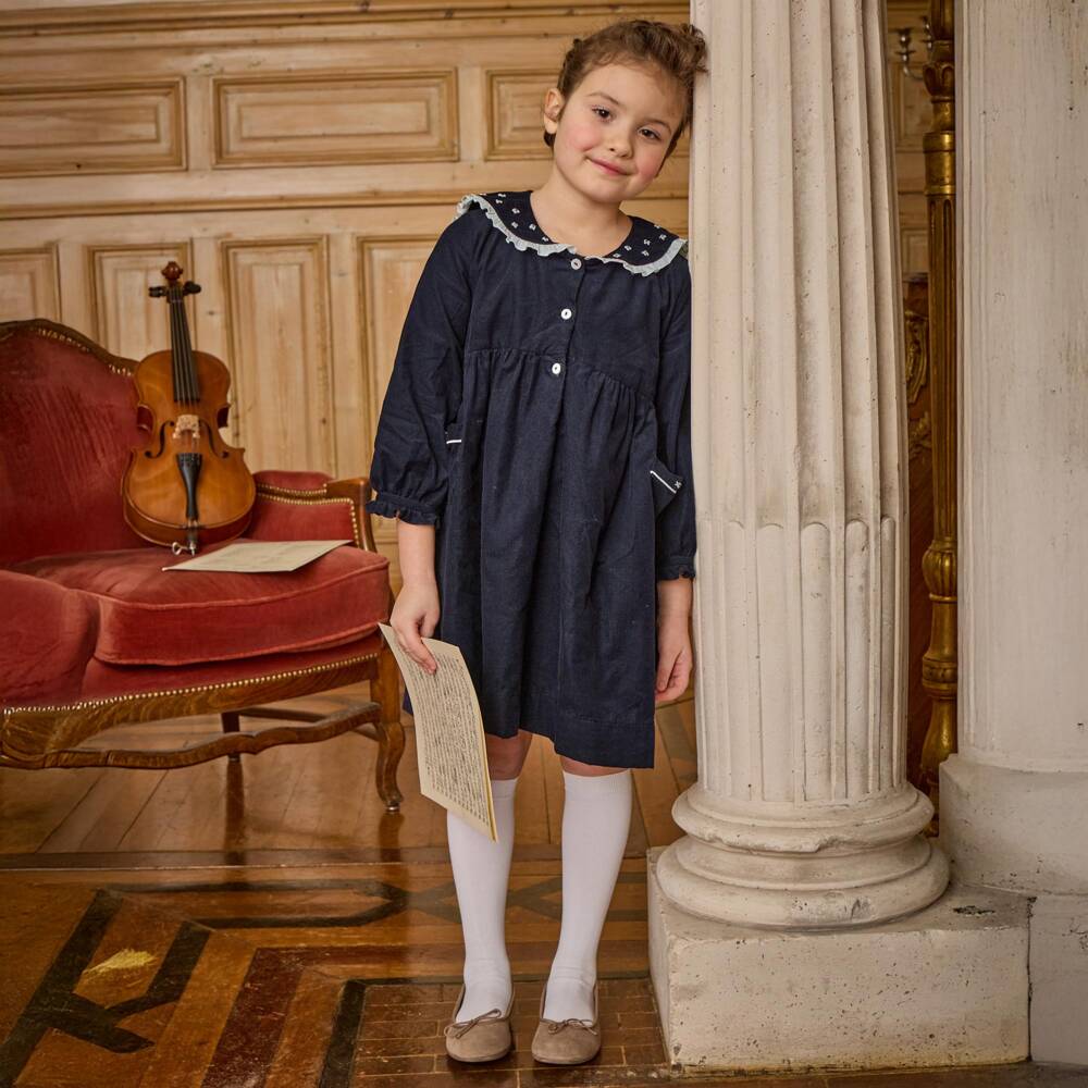 Kidiwi-Girls Navy Embroidered Corduroy Dress | Childrensalon Outlet