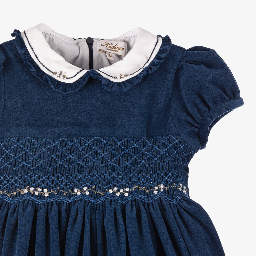 Kidiwi-Girls Navy Velvet Embroidered Dress | Childrensalon Outlet