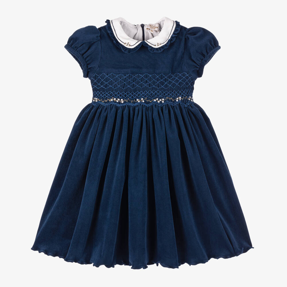 Kidiwi-Girls Navy Velvet Embroidered Dress | Childrensalon Outlet