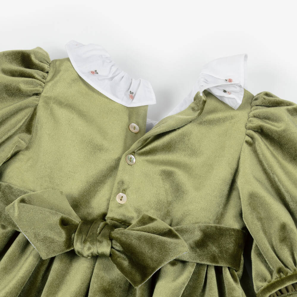 Kidiwi-Girls Olive Green Smocked Velvet Dress | Childrensalon Outlet