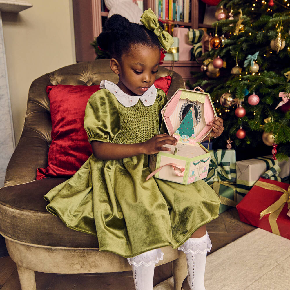 Kidiwi-Girls Olive Green Smocked Velvet Dress | Childrensalon Outlet