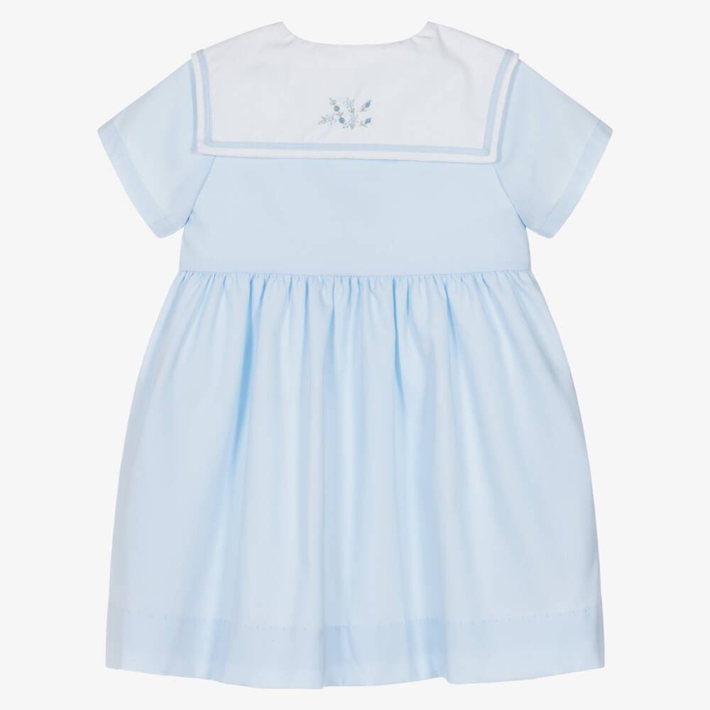 Kidiwi-Girls Pale Blue Dress with Hand-Embroidered Floral Sailor Collar | Childrensalon Outlet