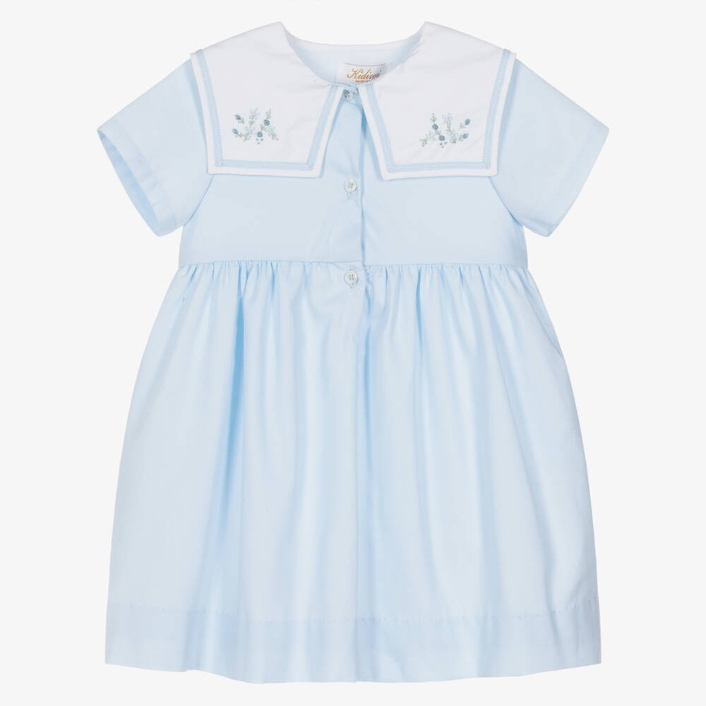 Kidiwi-Girls Pale Blue Dress with Hand-Embroidered Floral Sailor Collar | Childrensalon Outlet