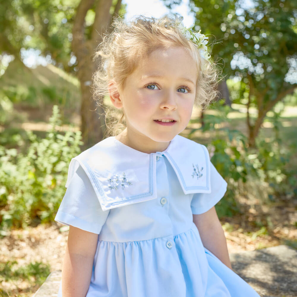 Kidiwi-Girls Pale Blue Dress with Hand-Embroidered Floral Sailor Collar | Childrensalon Outlet