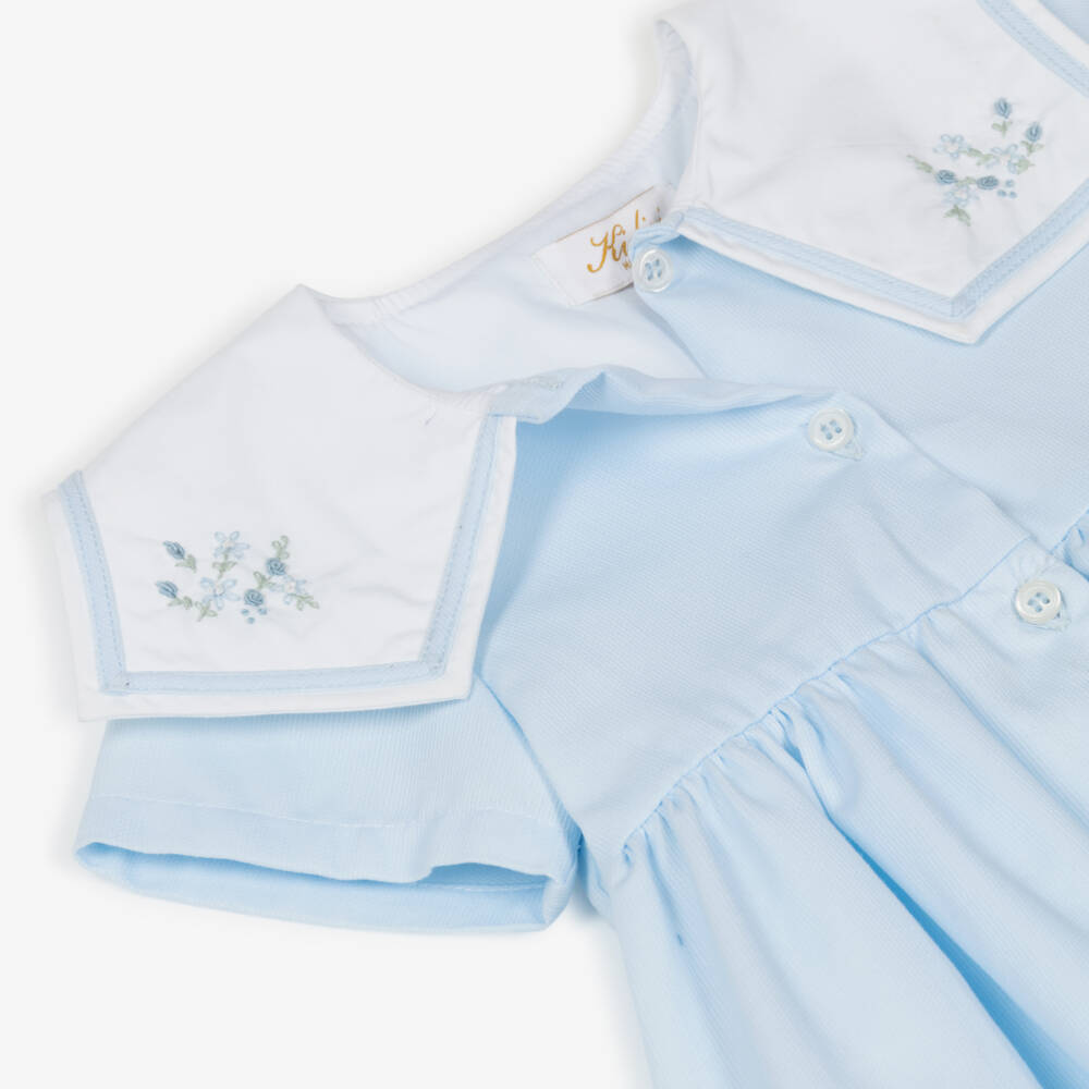 Kidiwi-Girls Pale Blue Dress with Hand-Embroidered Floral Sailor Collar | Childrensalon Outlet