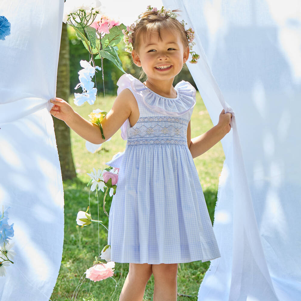 Kidiwi-Girls Pale Blue Gingham Hand-Smocked Dress | Childrensalon Outlet