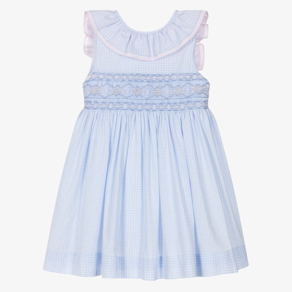 Kidiwi-Girls Pale Blue Gingham Hand-Smocked Dress | Childrensalon Outlet