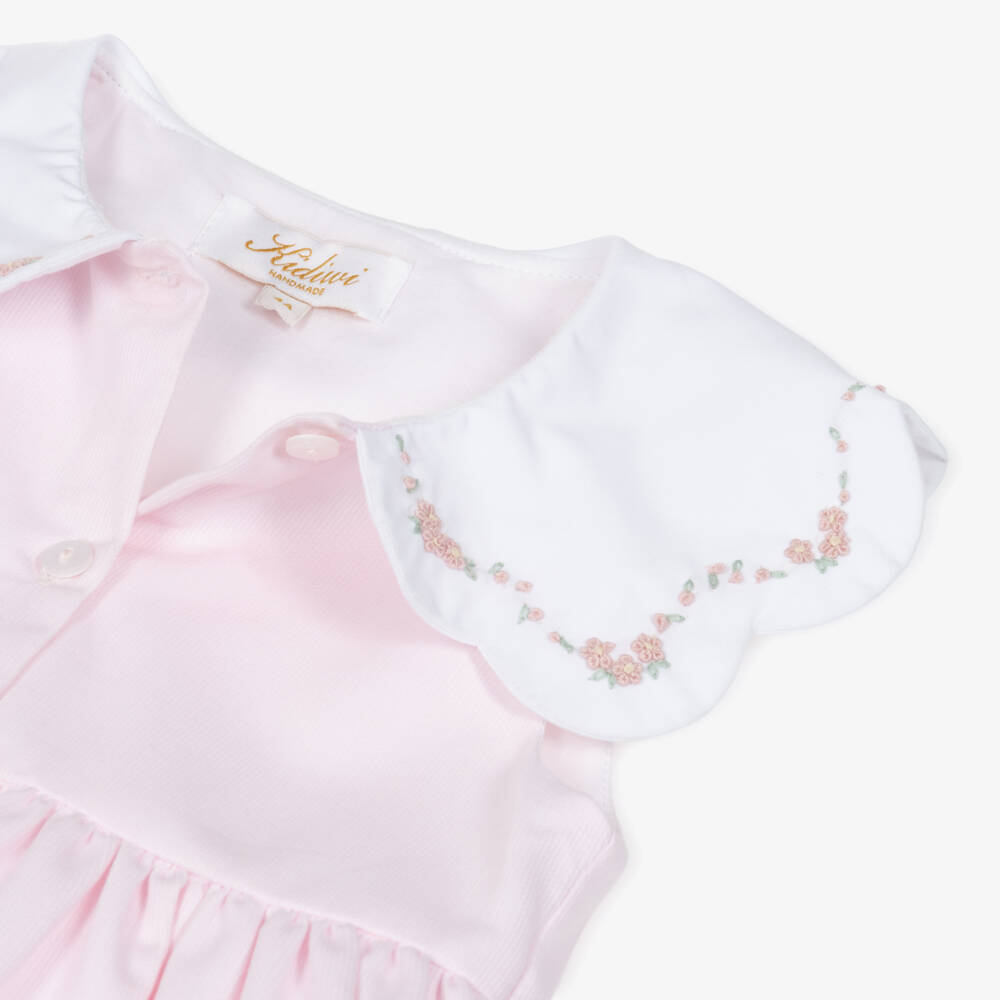 Kidiwi-Girls Pale Pink Dress with Hand-Embroidered Floral Collar | Childrensalon Outlet