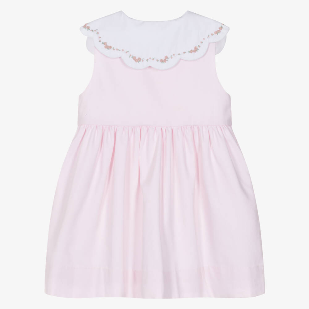 Kidiwi-Girls Pale Pink Dress with Hand-Embroidered Floral Collar | Childrensalon Outlet