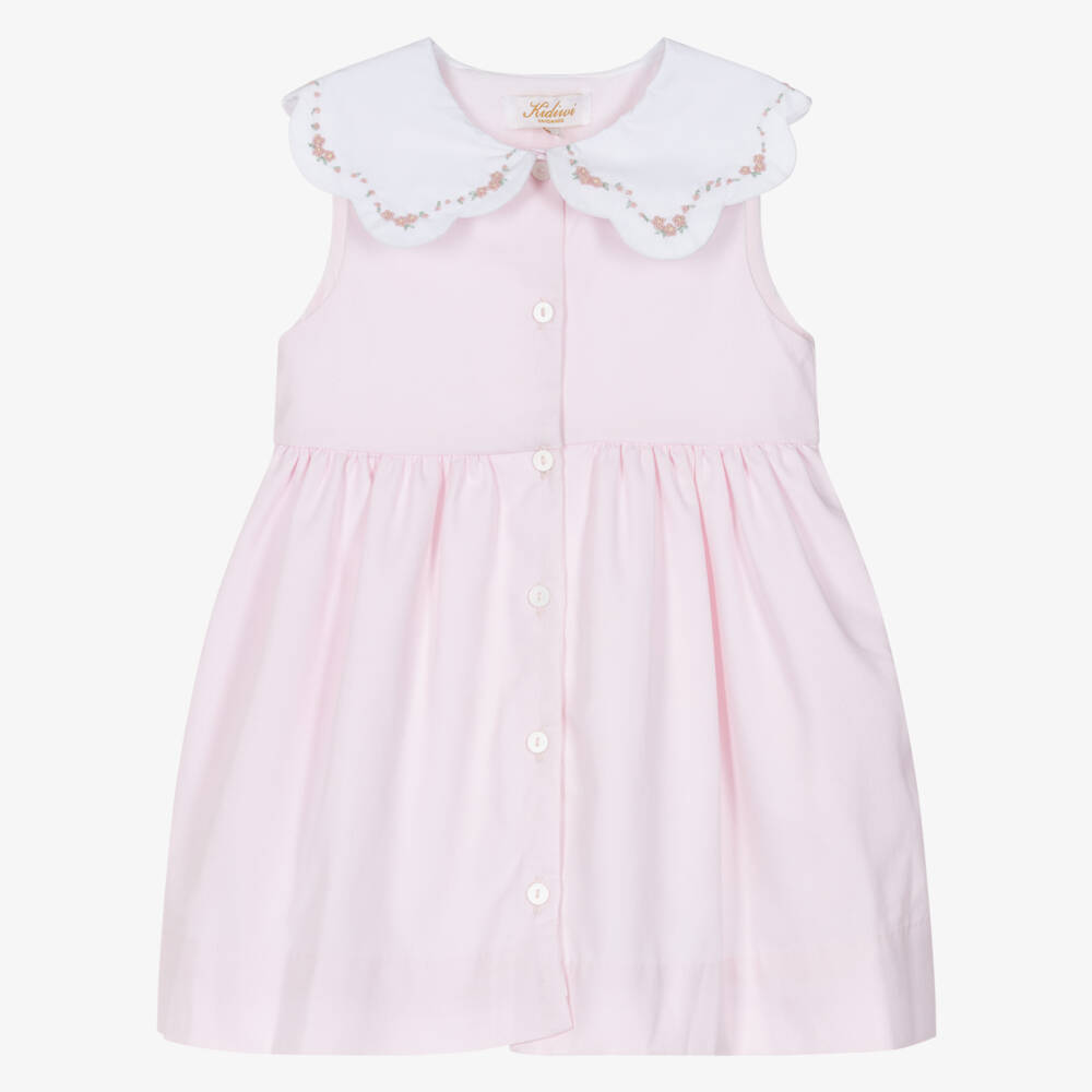 Kidiwi-Girls Pale Pink Dress with Hand-Embroidered Floral Collar | Childrensalon Outlet