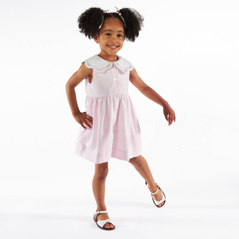 Kidiwi-Girls Pale Pink Dress with Hand-Embroidered Floral Collar | Childrensalon Outlet