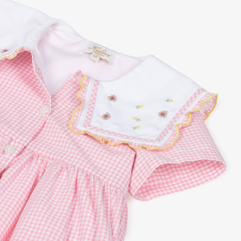 Kidiwi-Girls Pink Cotton Gingham Dress with Floral Sailor Collar | Childrensalon Outlet