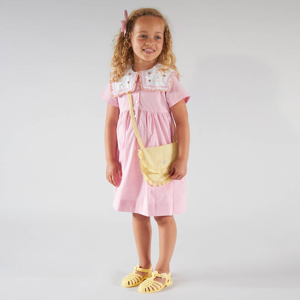 Kidiwi-Girls Pink Cotton Gingham Dress with Floral Sailor Collar | Childrensalon Outlet