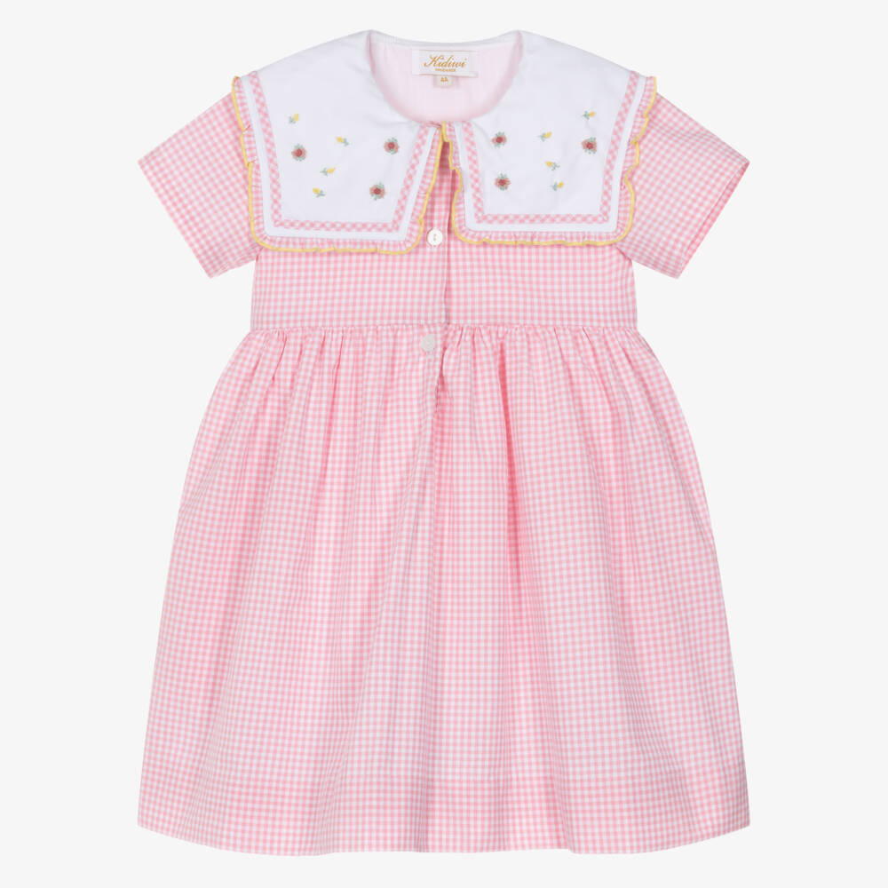 Kidiwi-Girls Pink Cotton Gingham Dress with Floral Sailor Collar | Childrensalon Outlet