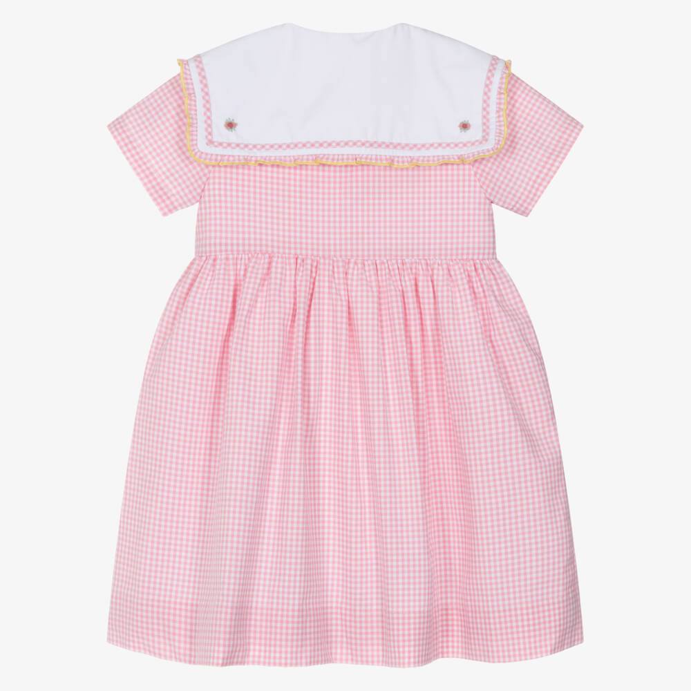 Kidiwi-Girls Pink Cotton Gingham Dress with Floral Sailor Collar | Childrensalon Outlet