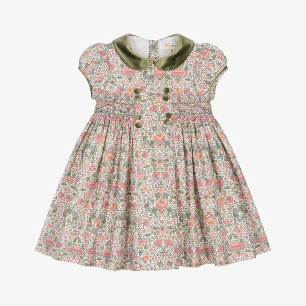 Kidiwi-Girls Pink Floral Hand-Smocked Cotton Dress | Childrensalon Outlet