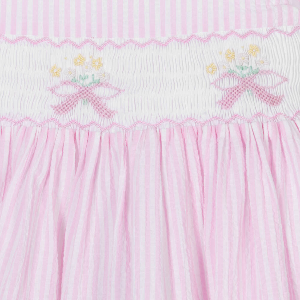 Kidiwi-Girls Pink & White Cotton Smocked Dress | Childrensalon Outlet