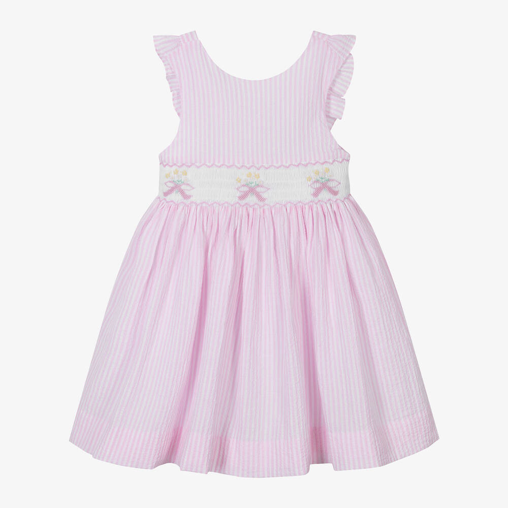 Kidiwi-Girls Pink & White Cotton Smocked Dress | Childrensalon Outlet