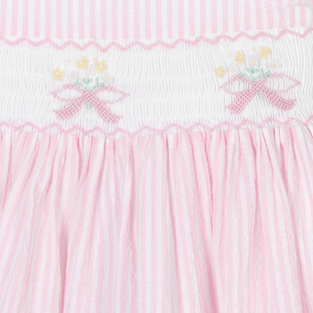 Kidiwi-Girls Pink & White Cotton Smocked Dress | Childrensalon Outlet