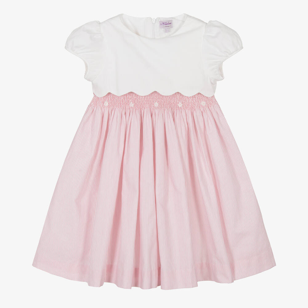 Kidiwi - Girls Pink & White Smocked Cotton Dress  | Childrensalon