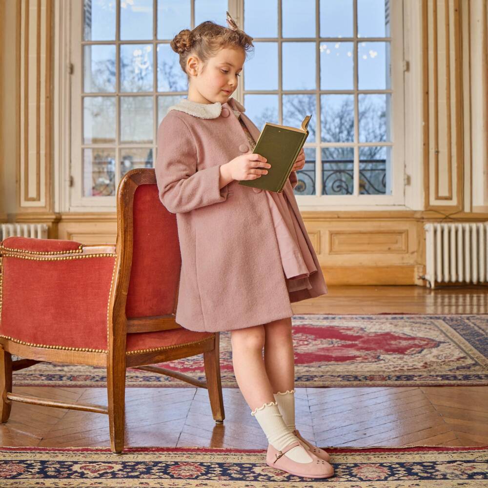 Kidiwi-Girls Pink Wool Coat with Bouclé Collar | Childrensalon Outlet
