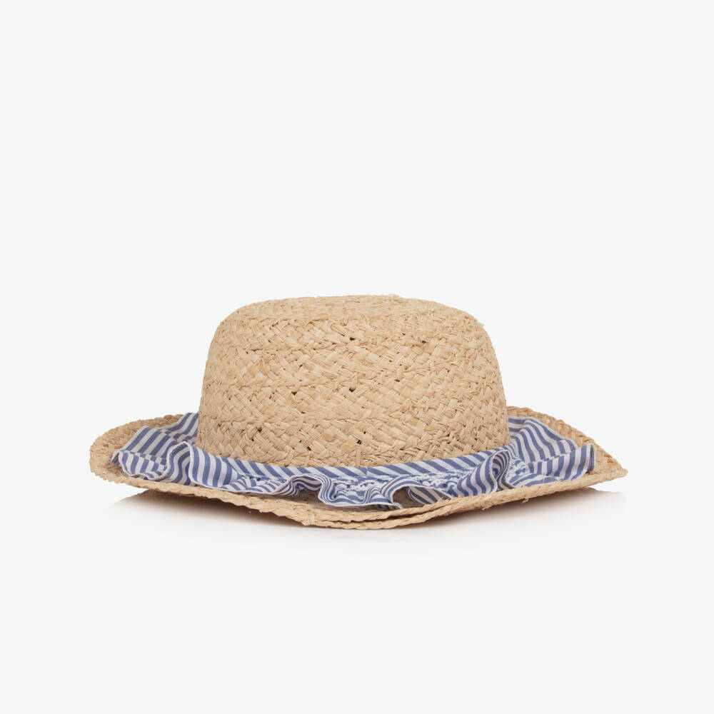 Kidiwi-Girls Raffia Sun Hat with Blue Striped Ruffle | Childrensalon Outlet