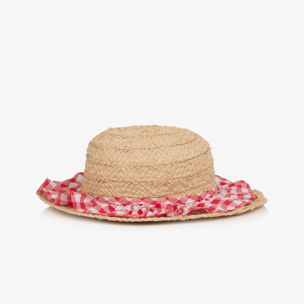Kidiwi-Girls Raffia Sun Hat with Red Gingham Check Ruffle | Childrensalon Outlet