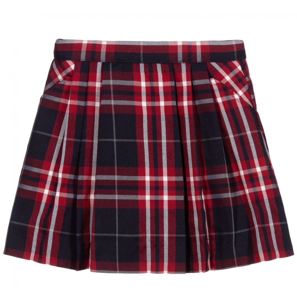 blue and red check skirt