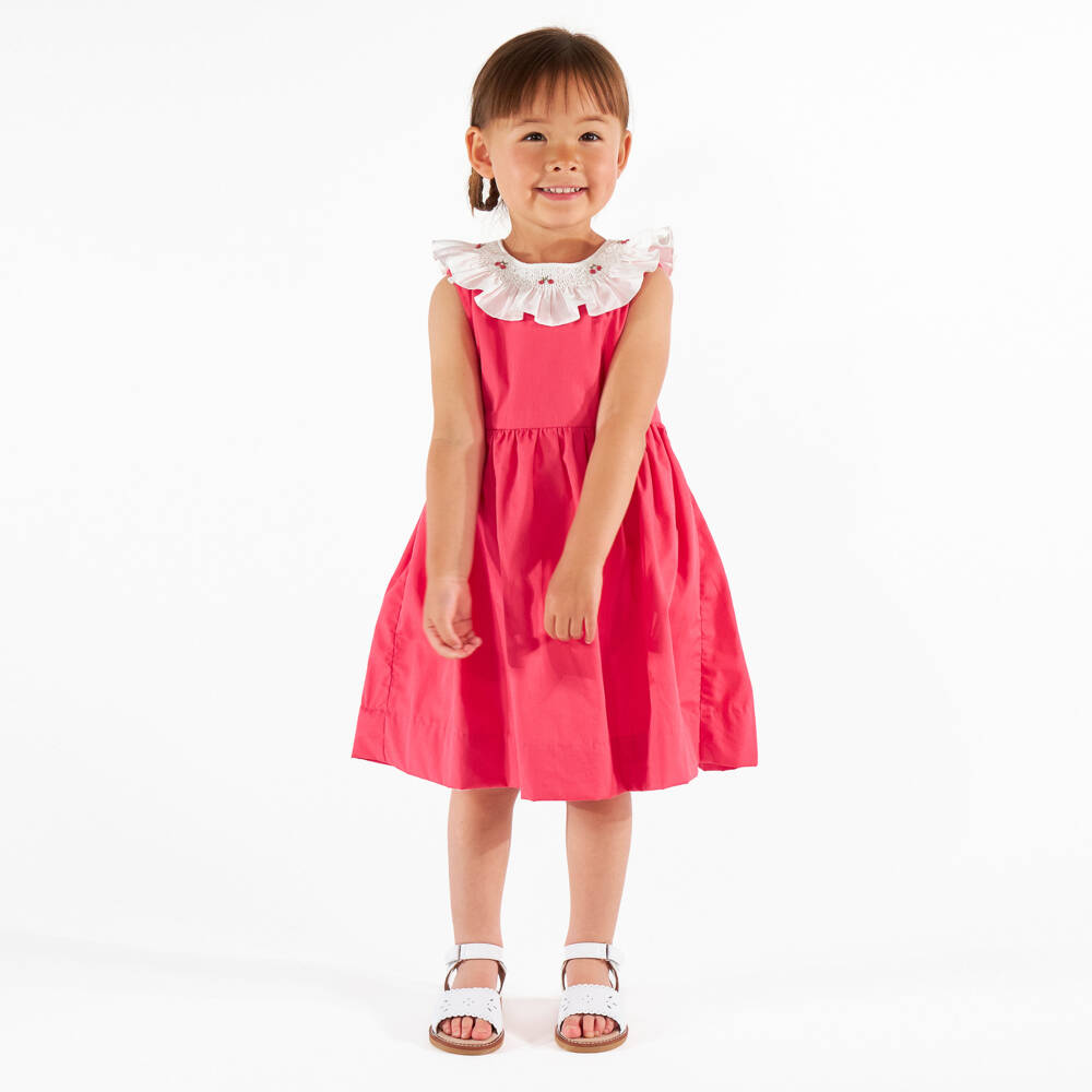 Kidiwi-Girls Red Cotton Dress with Hand-Smocked Ruffle Collar | Childrensalon Outlet