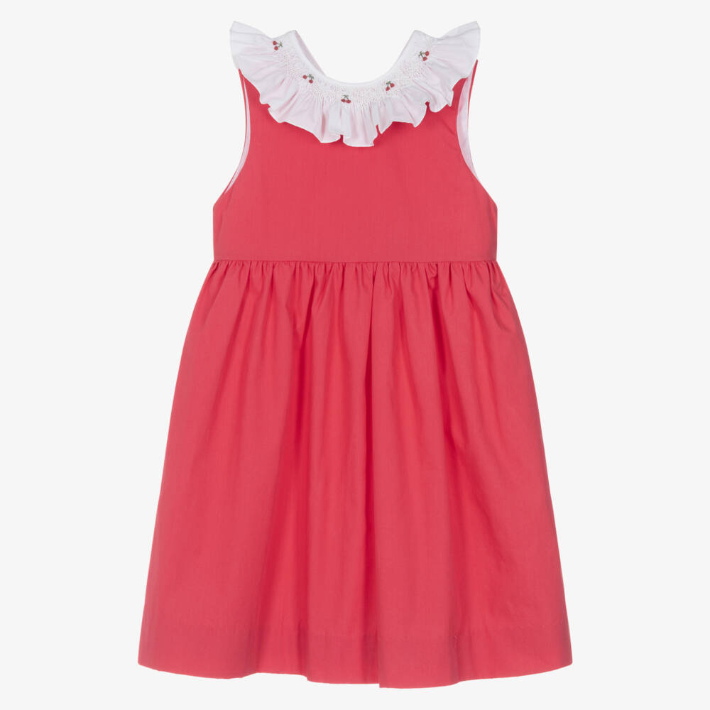Kidiwi-Girls Red Cotton Dress with Hand-Smocked Ruffle Collar | Childrensalon Outlet