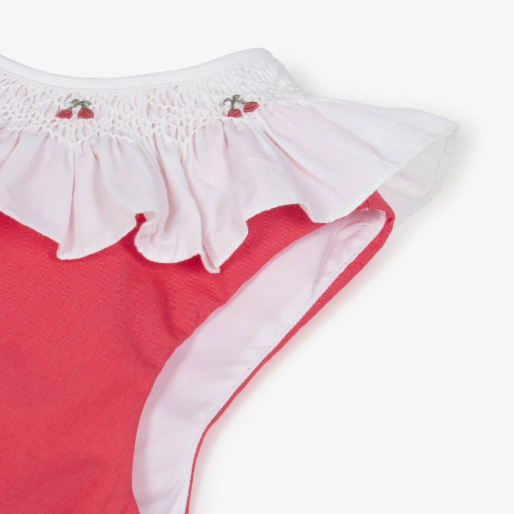 Kidiwi-Girls Red Cotton Dress with Hand-Smocked Ruffle Collar | Childrensalon Outlet