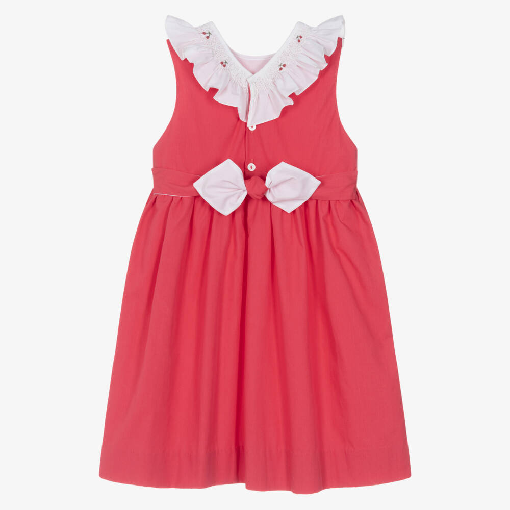Kidiwi-Girls Red Cotton Dress with Hand-Smocked Ruffle Collar | Childrensalon Outlet