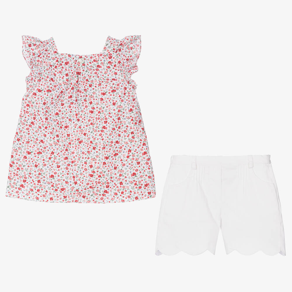 Kidiwi-Girls Red Cotton Floral Shorts Set | Childrensalon Outlet