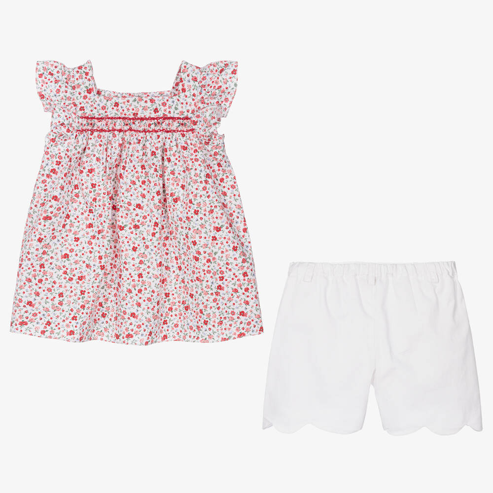 Kidiwi-Girls Red Cotton Floral Shorts Set | Childrensalon Outlet