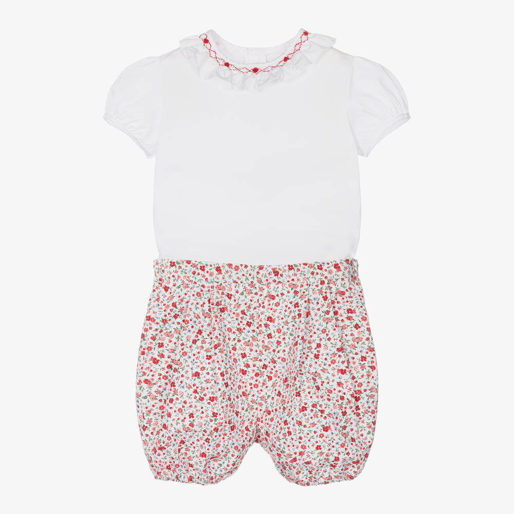 Kidiwi-Girls Red Cotton Floral Shorts Set | Childrensalon Outlet