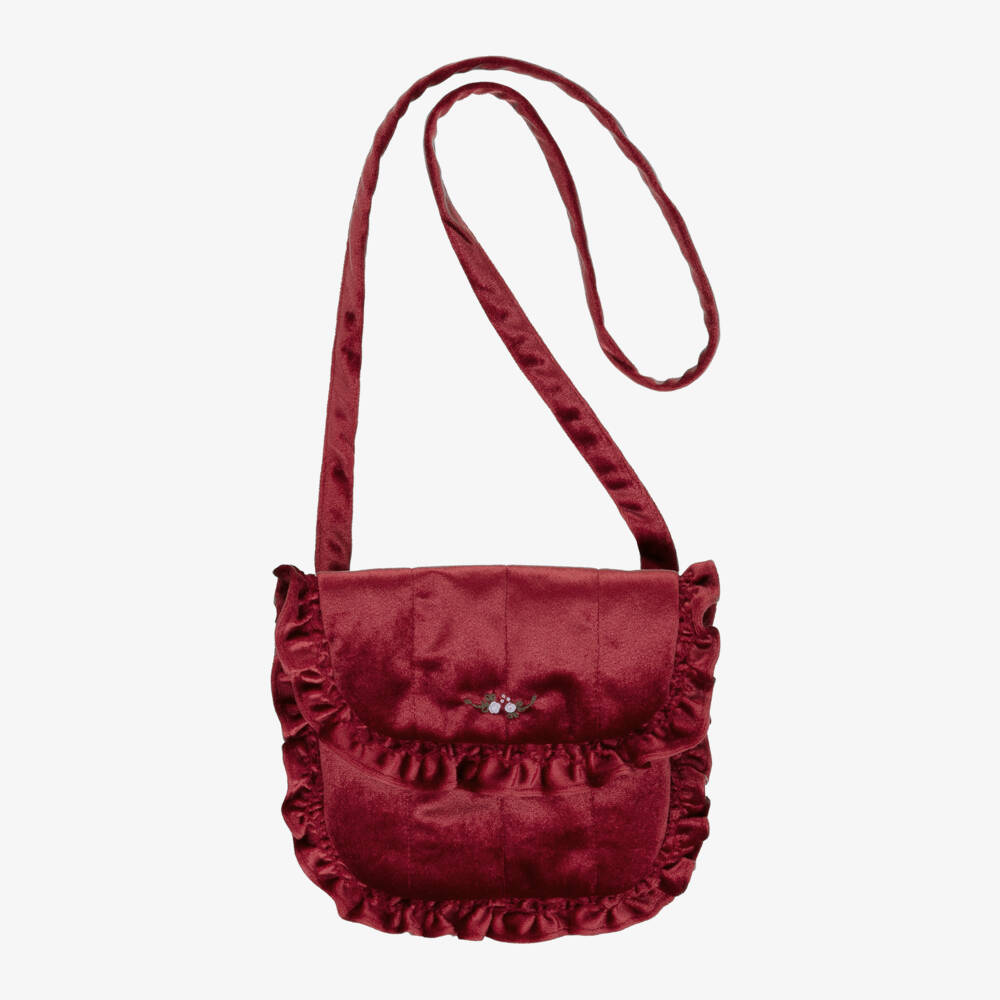 Kidiwi-Girls Red Hand-Embroidered Velvet Shoulder Bag (19cm) | Childrensalon Outlet