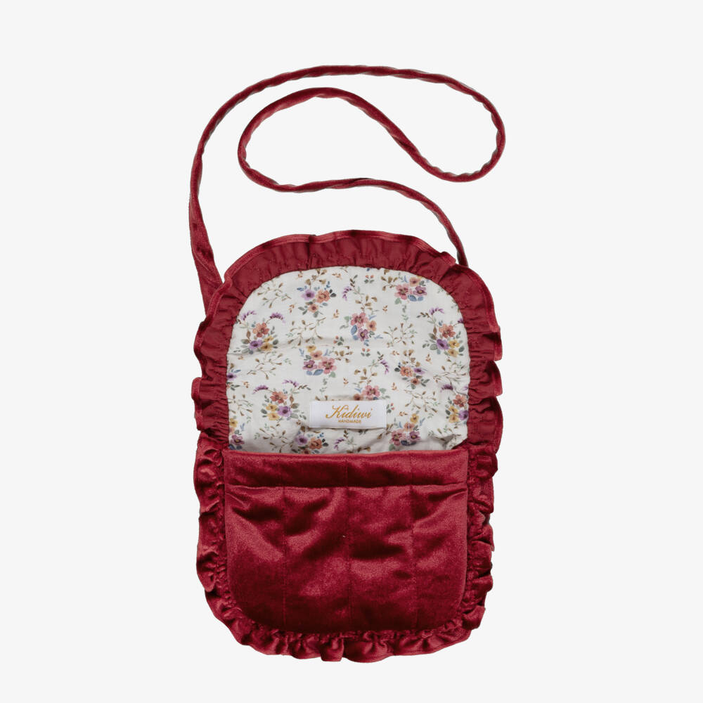Kidiwi-Girls Red Hand-Embroidered Velvet Shoulder Bag (19cm) | Childrensalon Outlet