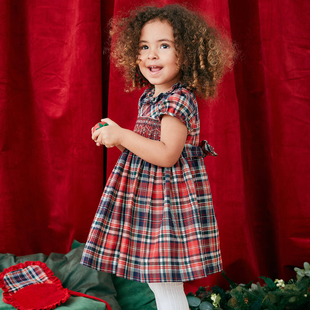 Kidiwi-Girls Red Tartan Smocked Dress | Childrensalon Outlet