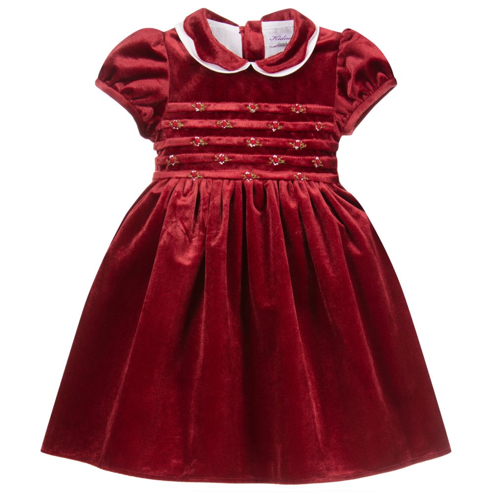 Kidiwi - فستان قطيفة مطرز لون أحمر برغندي وأبيض | Childrensalon