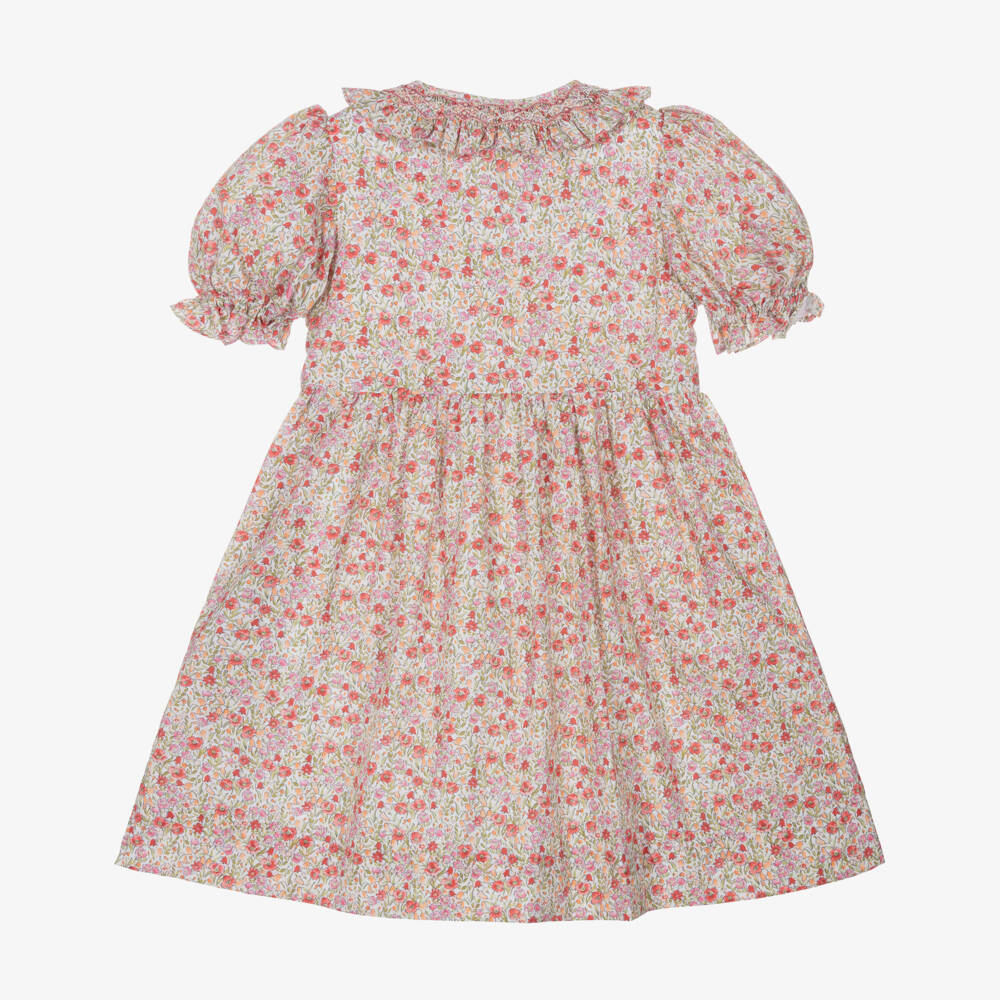 Kidiwi-Girls Scarlet Floral Smocked Cotton Frock | Childrensalon Outlet