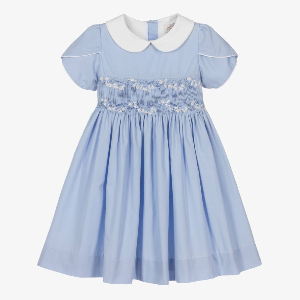Kidiwi-Girls Smocked Cotton Dress in Blue | Childrensalon Outlet