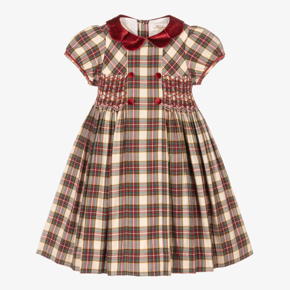 Kidiwi-فستان تارتان تطريز سموك قطن لون أحمر | Childrensalon Outlet